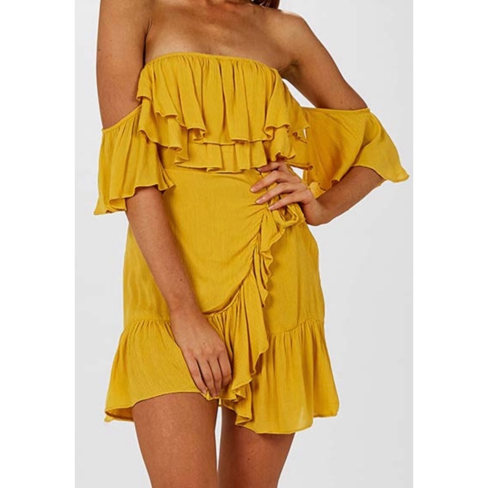 Indikah by Angel Biba Golden Yellow Fading Off Shoulder Ruffle Dress